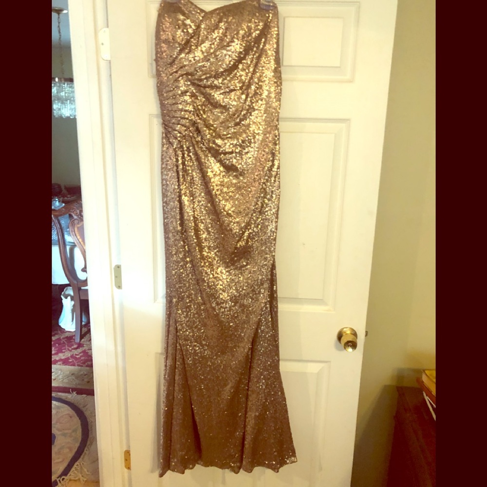 Full length formal gold sequin dress